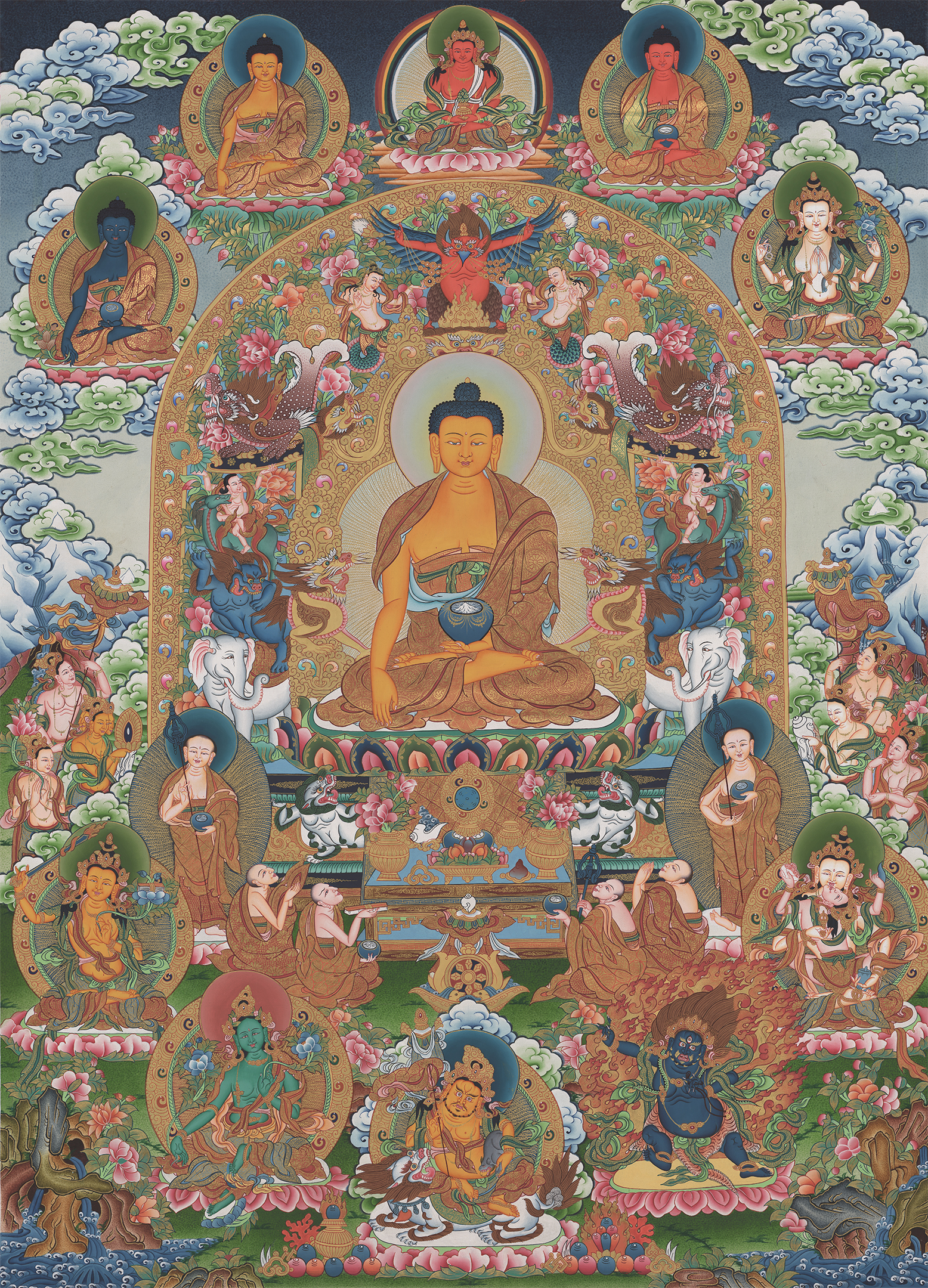 Thangka Đức Phật Thích Ca Mâu Ni và Hội chúng chư Phật – Bồ Tát – Hộ Pháp