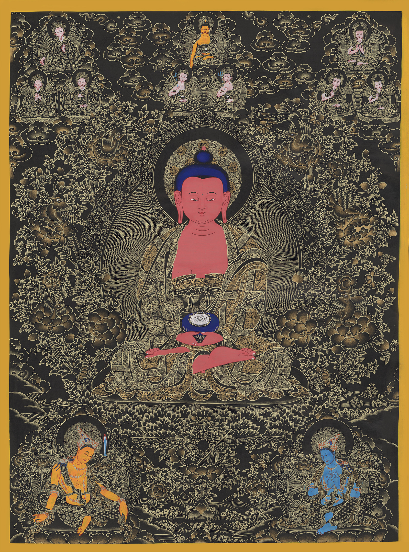 Hắc Kim Thangka Đức Phật Thích Ca Mâu Ni và Hai Đại Bồ Tát