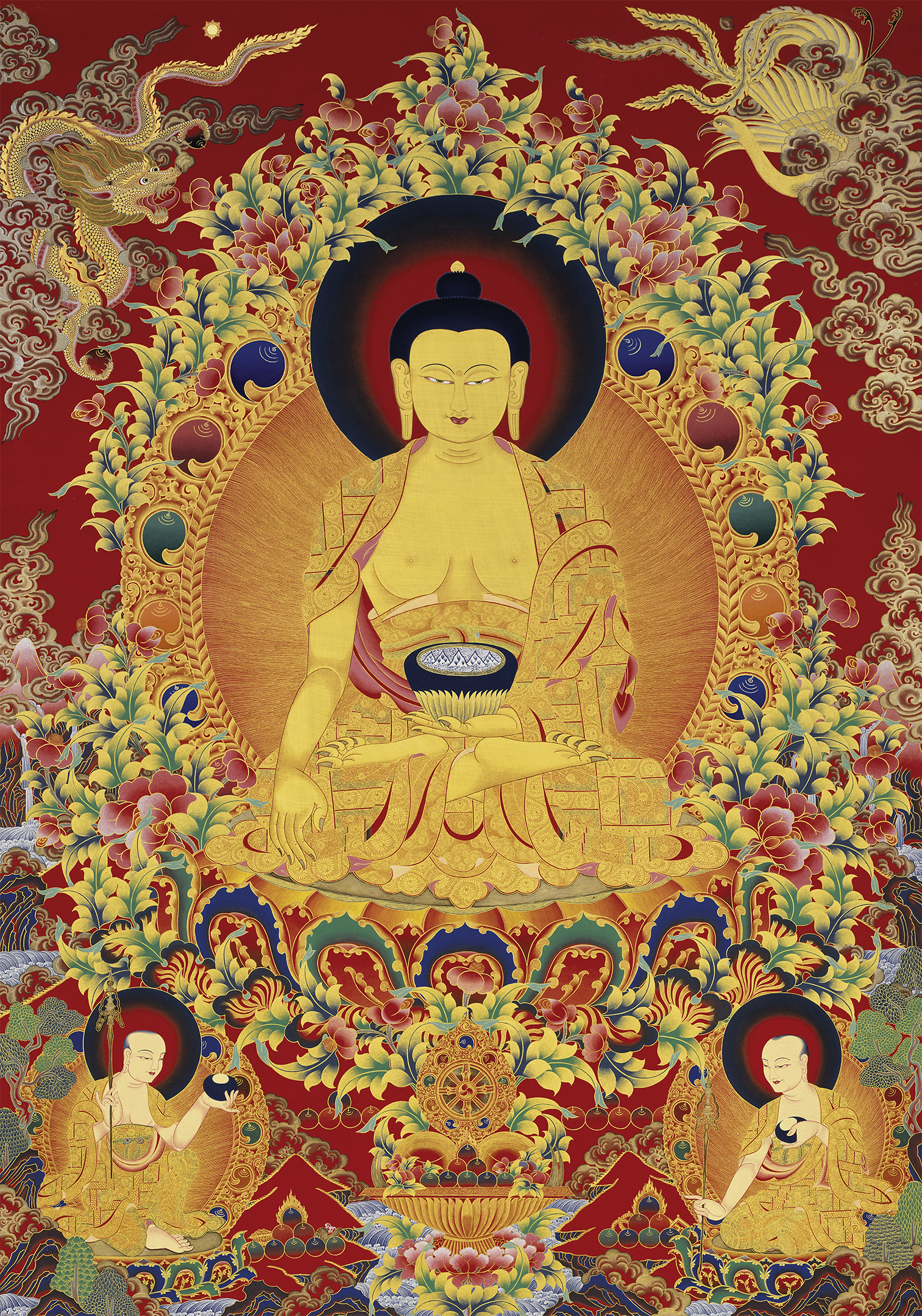 Thangka Đức Phật Thích Ca Mâu Ni với hai đệ tử Ca Diếp và A Nan